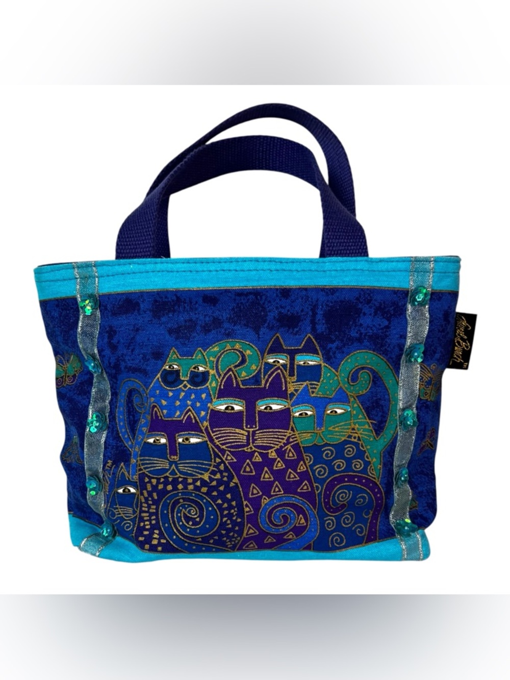 Laurel Burch Blue Teal Cat Tote Bag Whimsical Feline Print Purse